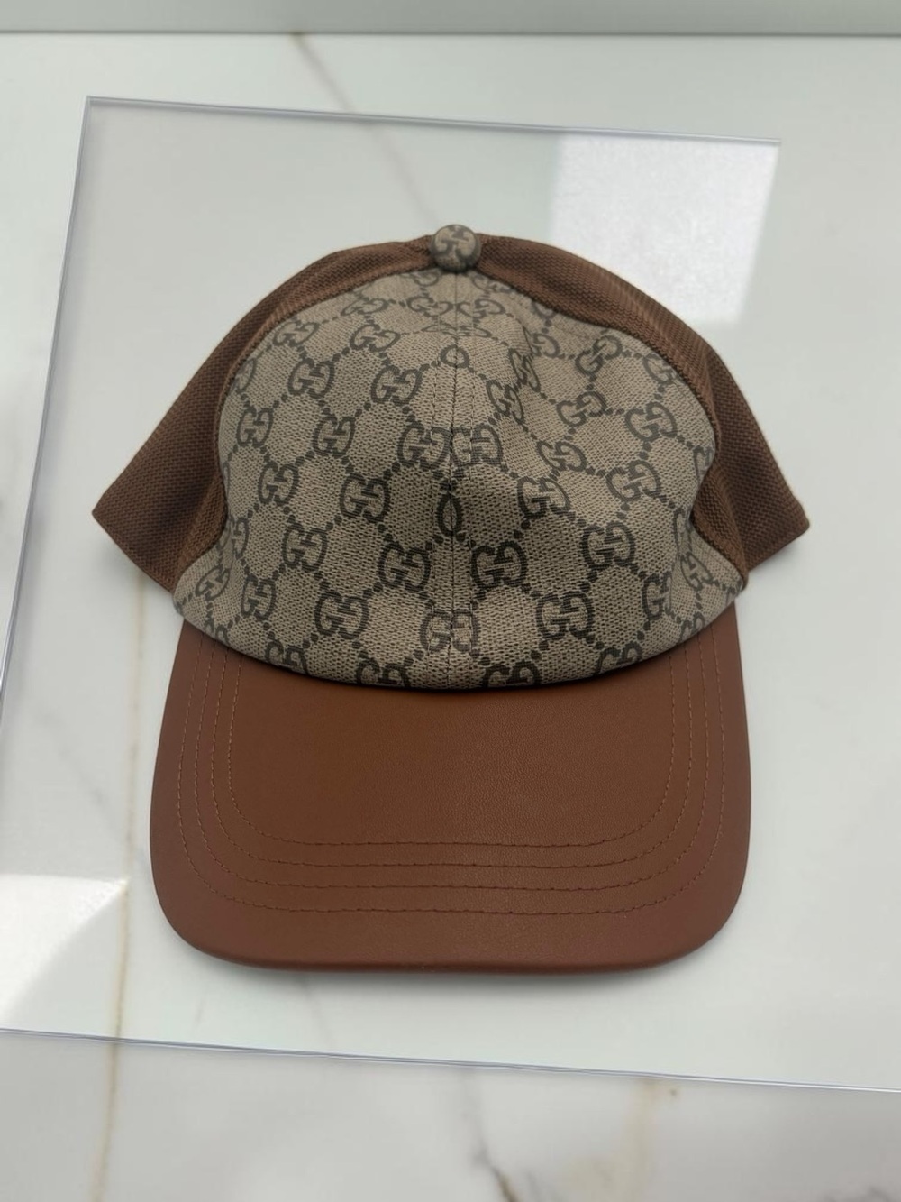 Gucci GG Monogram Canvas & Leather Mesh Back Beige & Brown Baseball Cap